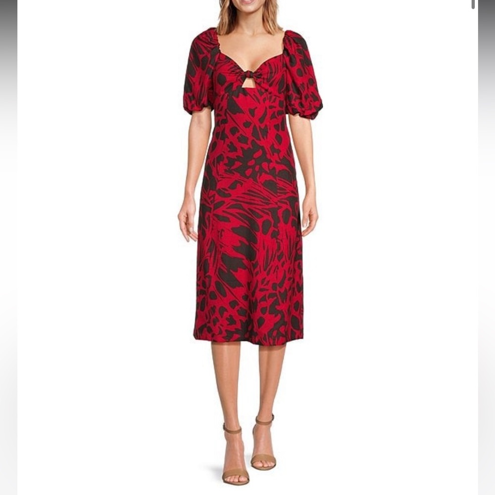 Floral Print Short Puff Sleeve Sweetheart Neck Knot Front Cut Out Midi Dress
